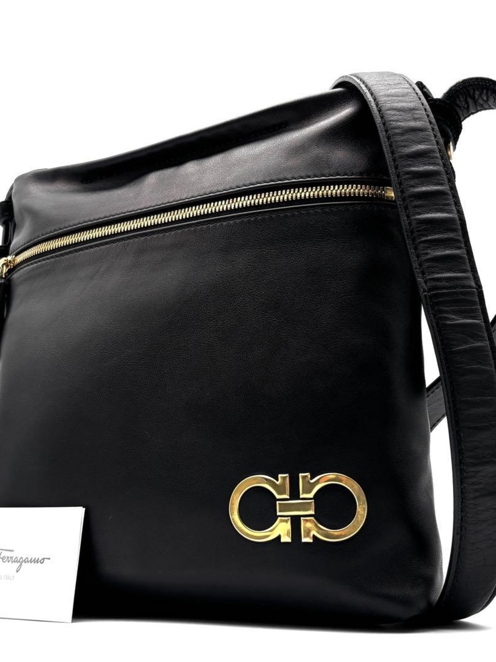 Salvatore Ferragamo Black Leather Crossbody Messenger Bag Gold Gancini Accent